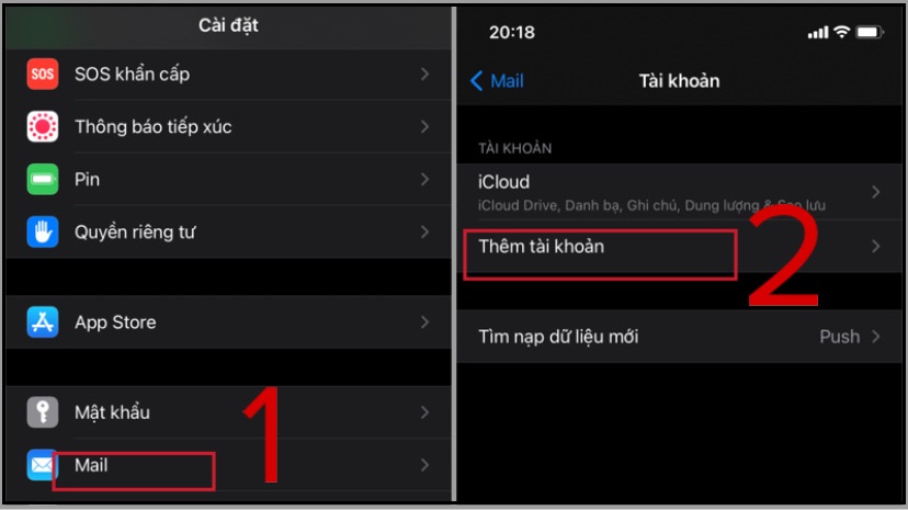 Cài đặt > Mail > Tài Khoản > Chọn thêm tài khoản.